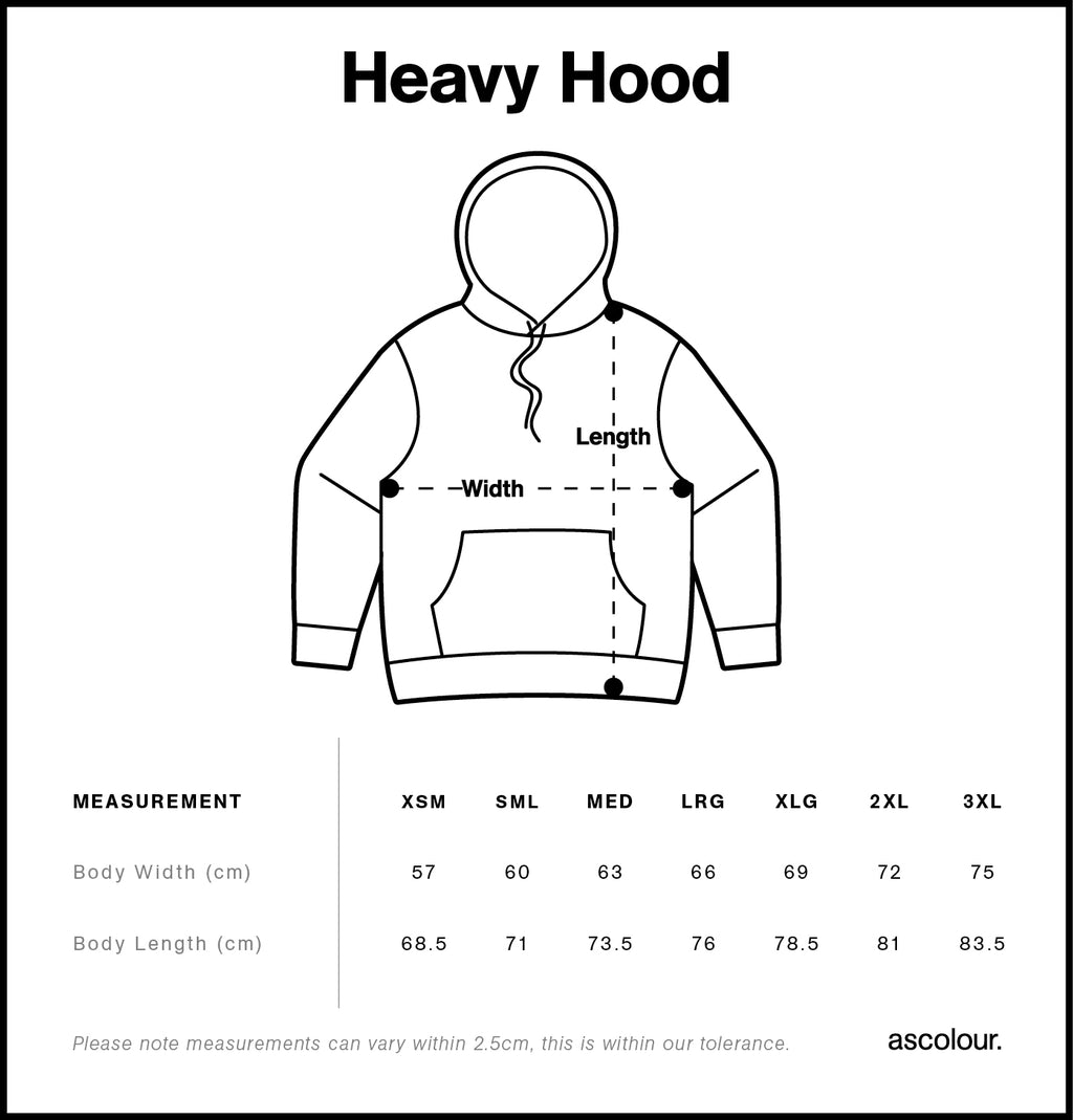Heavy Hood size chart with measurements for different sizes.