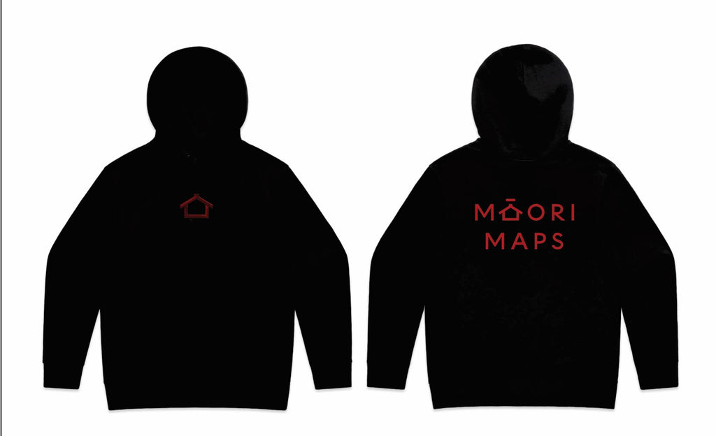 Black hoodie with red logo and text on front and back against a white background